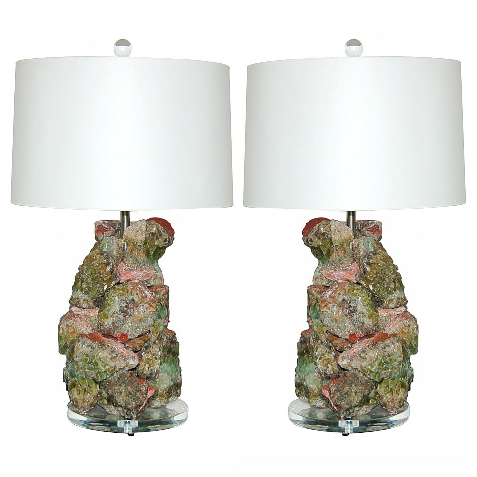 Pair of  Brazilian Calcite Lamps in Lime Sage For Sale