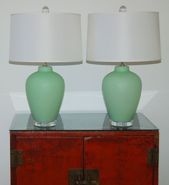 Brass Vintage Murano Lamps in Mint Green on Lucite For Sale