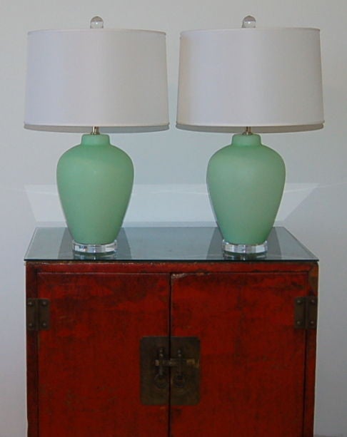 Vintage Murano Lamps in Mint Green on Lucite For Sale 1