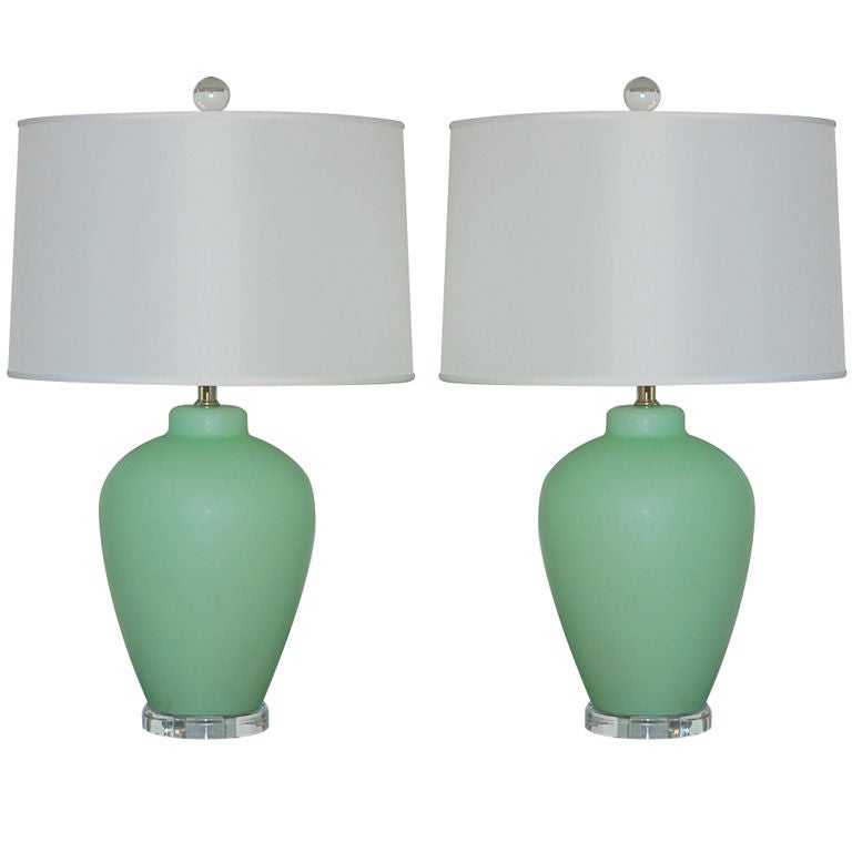 Vintage Murano Lamps in Mint Green on Lucite For Sale