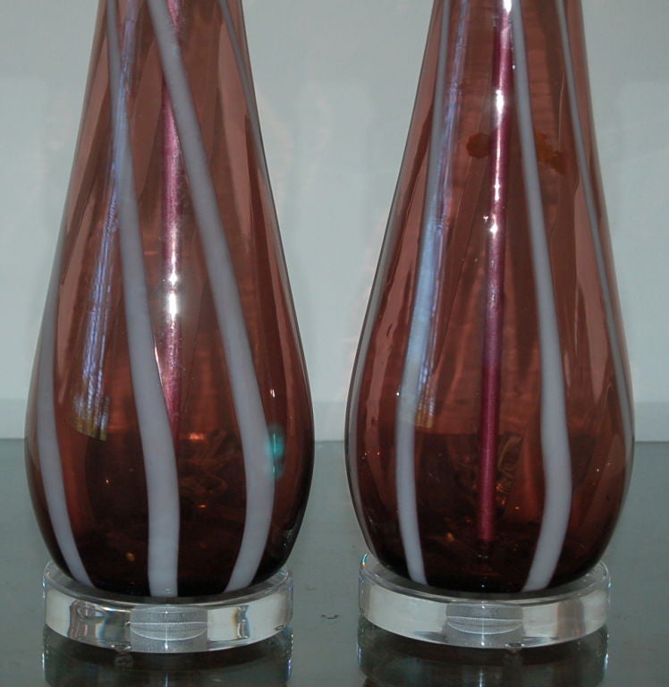 Italian Pair of Vintage Murano Lamps in Deep Amethyst Stripes For Sale