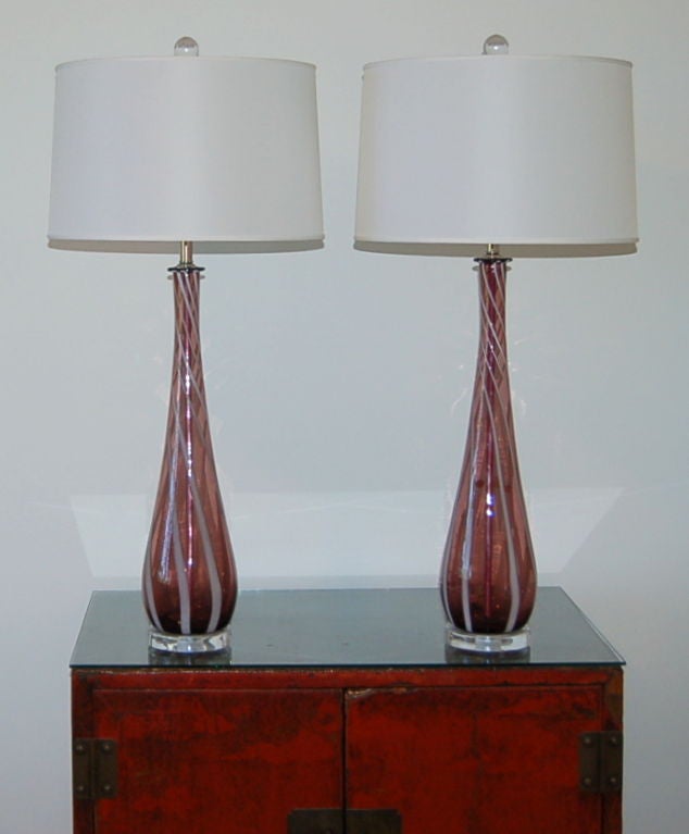 Brass Pair of Vintage Murano Lamps in Deep Amethyst Stripes For Sale