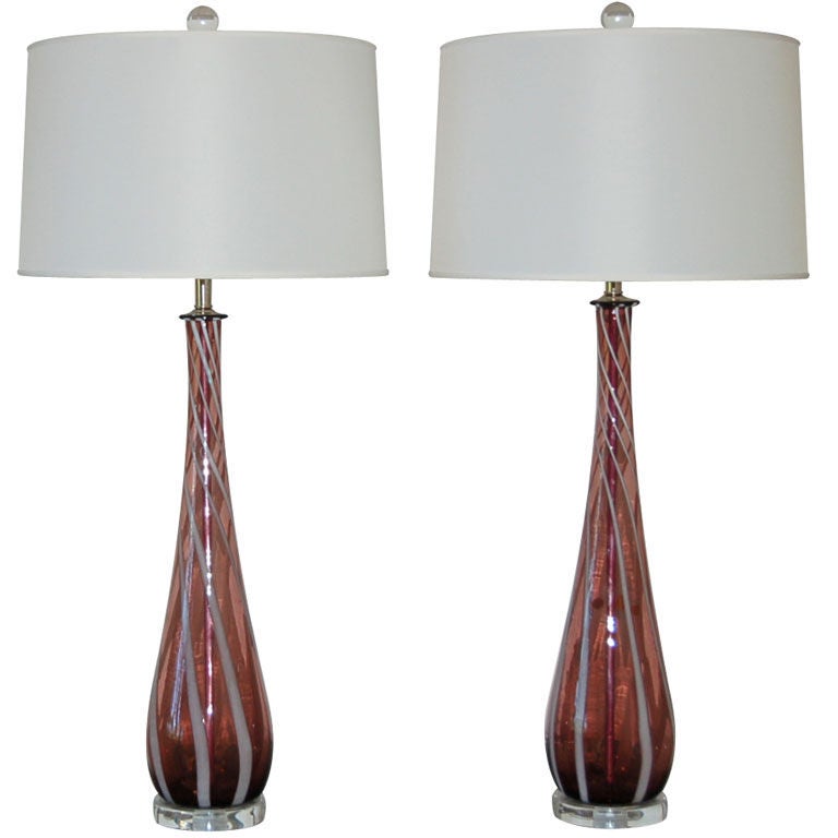 Pair of Vintage Murano Lamps in Deep Amethyst Stripes For Sale