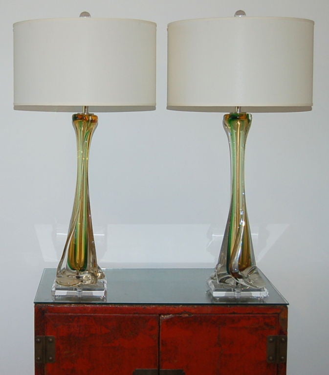 Mid-Century Modern Matched Pair of Vintage Murano Sommerso Glass Lamps by Seguso For Sale