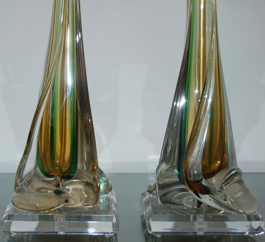 Italian Matched Pair of Vintage Murano Sommerso Glass Lamps by Seguso For Sale