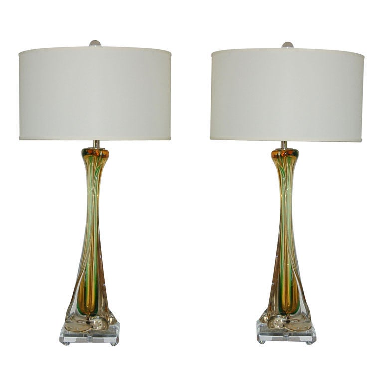 Matched Pair of Vintage Murano Sommerso Glass Lamps by Seguso For Sale