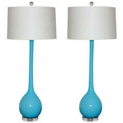 Pair of Vintage Murano Long Neck Lamps in T-Bird Blue by Archimede Seguso
