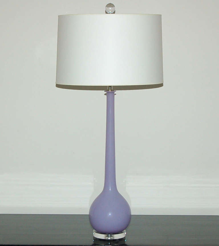 Vintage Murano long necked table lamps by Archimede Seguso, imported in the 1960s. Candy colored in LAVENDER with Lucite base and nickel-plated hardware.

The lamps measure 27.5 inches from tabletop to socket top. As shown, the top of shade is 33