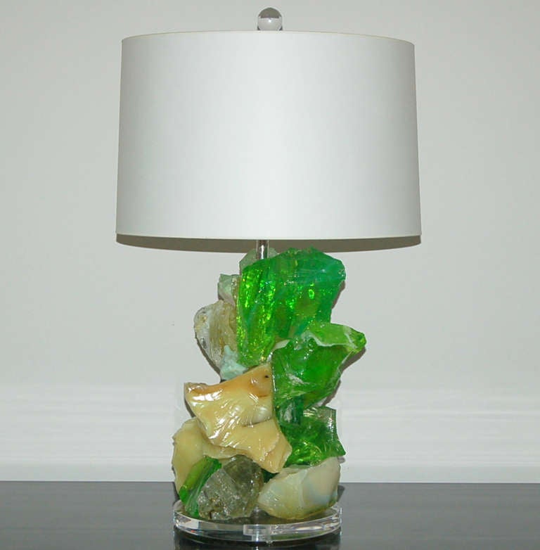 Vaseline glass rock, designed by Swank Lighting. Vibrant colors of LEMON LIME. These spectacular lamps do double duty as colorful, whimsical sculptures.

These lamps measure 27 inches to the top of the sockets. As shown, the top of shade is 29
