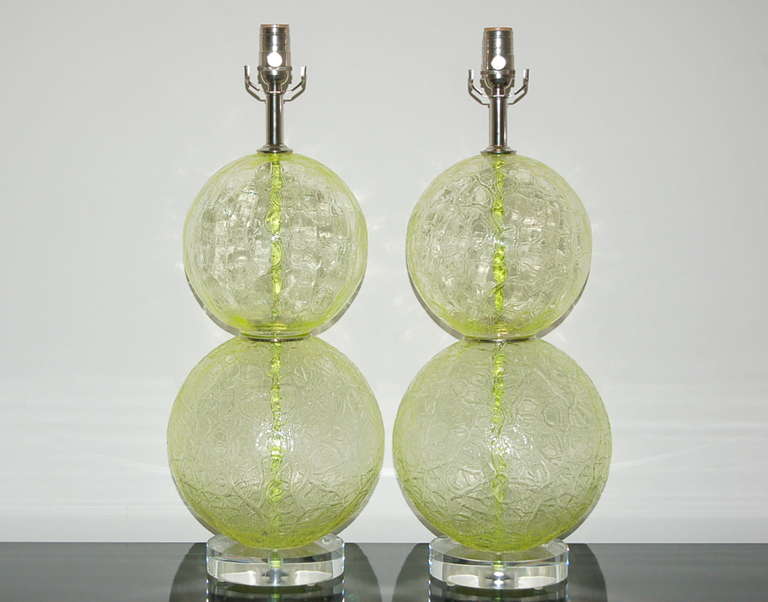 Pair of Vintage Murano Ball Lamps in Lime Frost