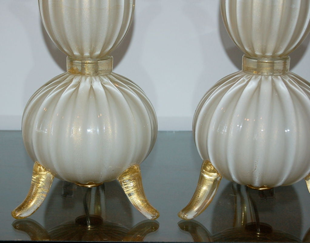 20th Century White Murano Three-Footed Lamps with Gold Dust For Sale