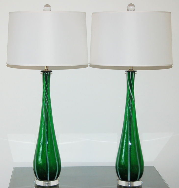 Mid-Century Modern Vintage Murano Lamps of Emerald Green with White Stripes