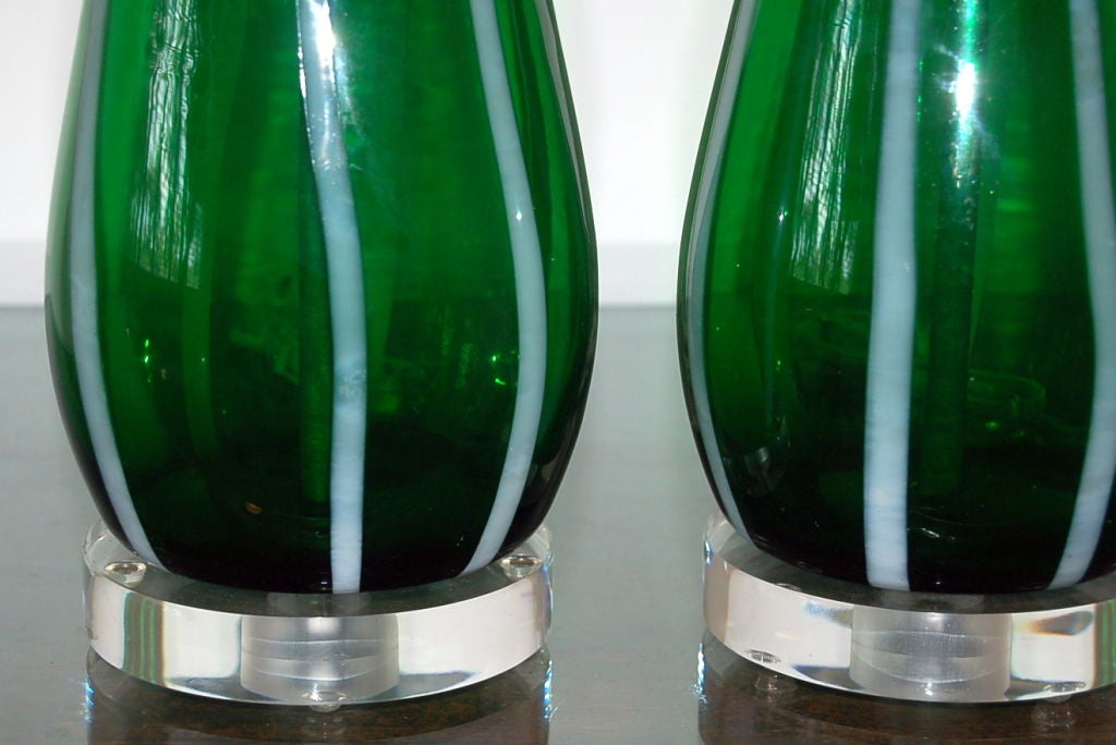 Italian Vintage Murano Lamps of Emerald Green with White Stripes