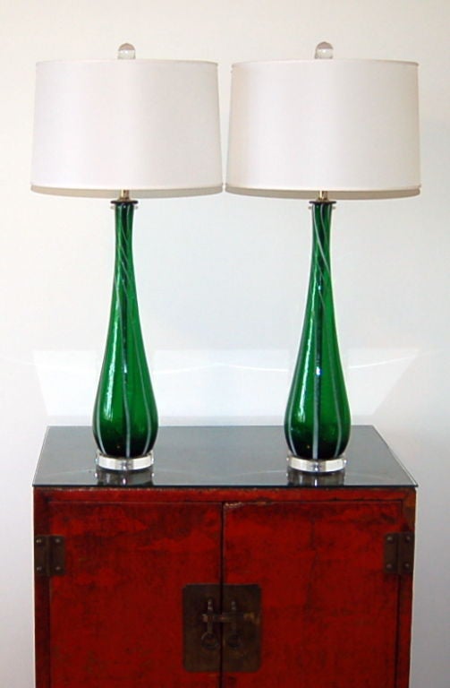 Mid-20th Century Vintage Murano Lamps of Emerald Green with White Stripes