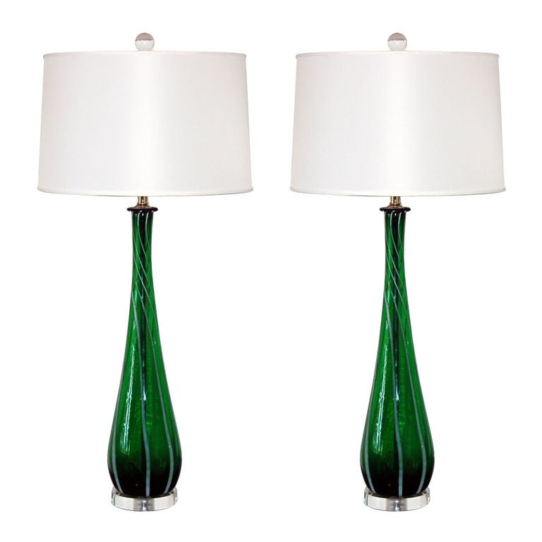 Vintage Murano Lamps of Emerald Green with White Stripes