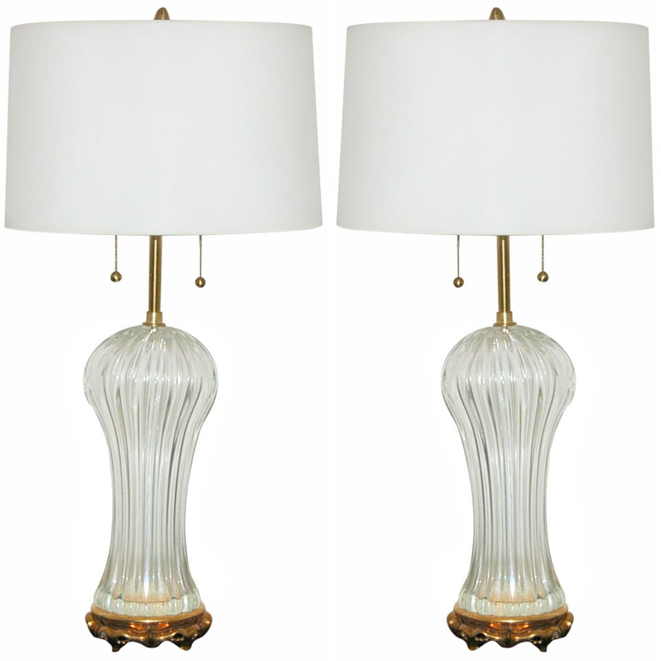 Pair of Clear Ribbed Murano Lamps by The Marbro Lamp Company For Sale