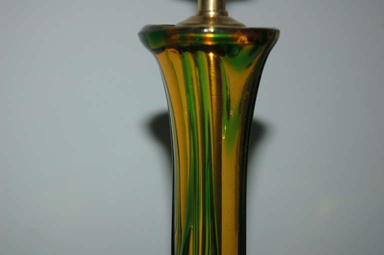 Pair of Vintage Murano Glass Lamps - Emerald Green on Butterscotch For Sale 1
