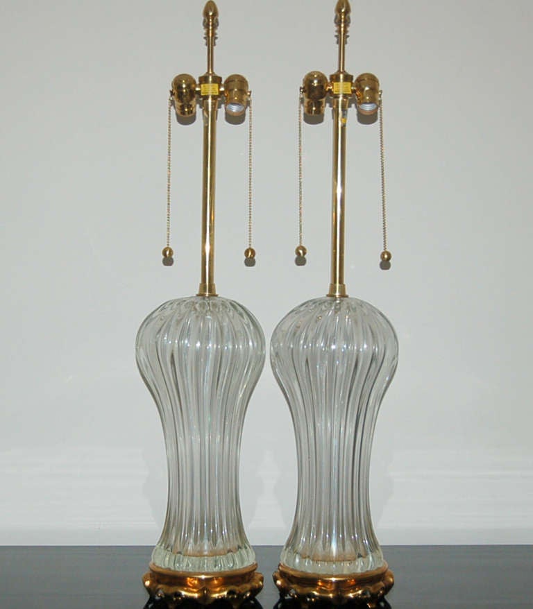 Italian Pair of Clear Ribbed Murano Lamps by The Marbro Lamp Company For Sale