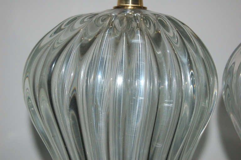 Pair of Clear Ribbed Murano Lamps by The Marbro Lamp Company For Sale 2