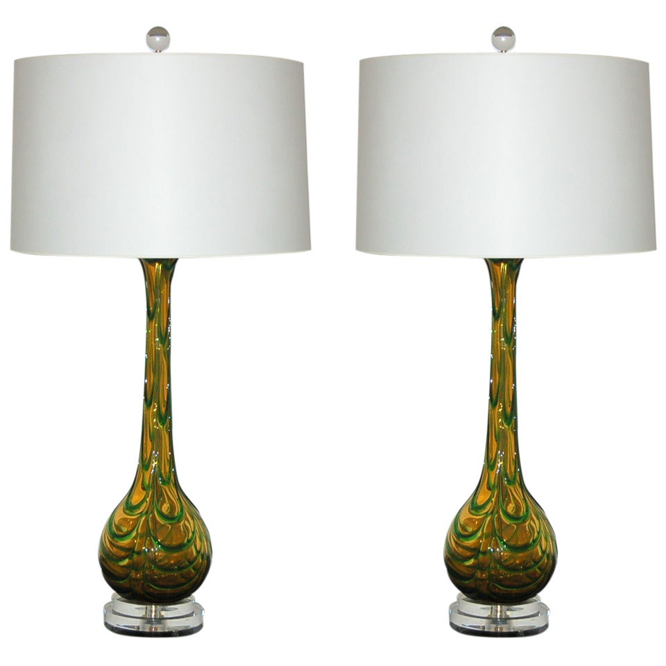 Pair of Vintage Murano Glass Lamps - Emerald Green on Butterscotch For Sale