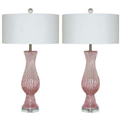 Pair of Vintage Murano Lamps with Bubbles on Pink