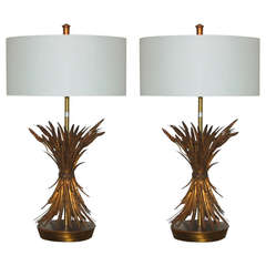 Pair of Tole Wheat Sheaf Table Lamps by The Marbro Lamp Company