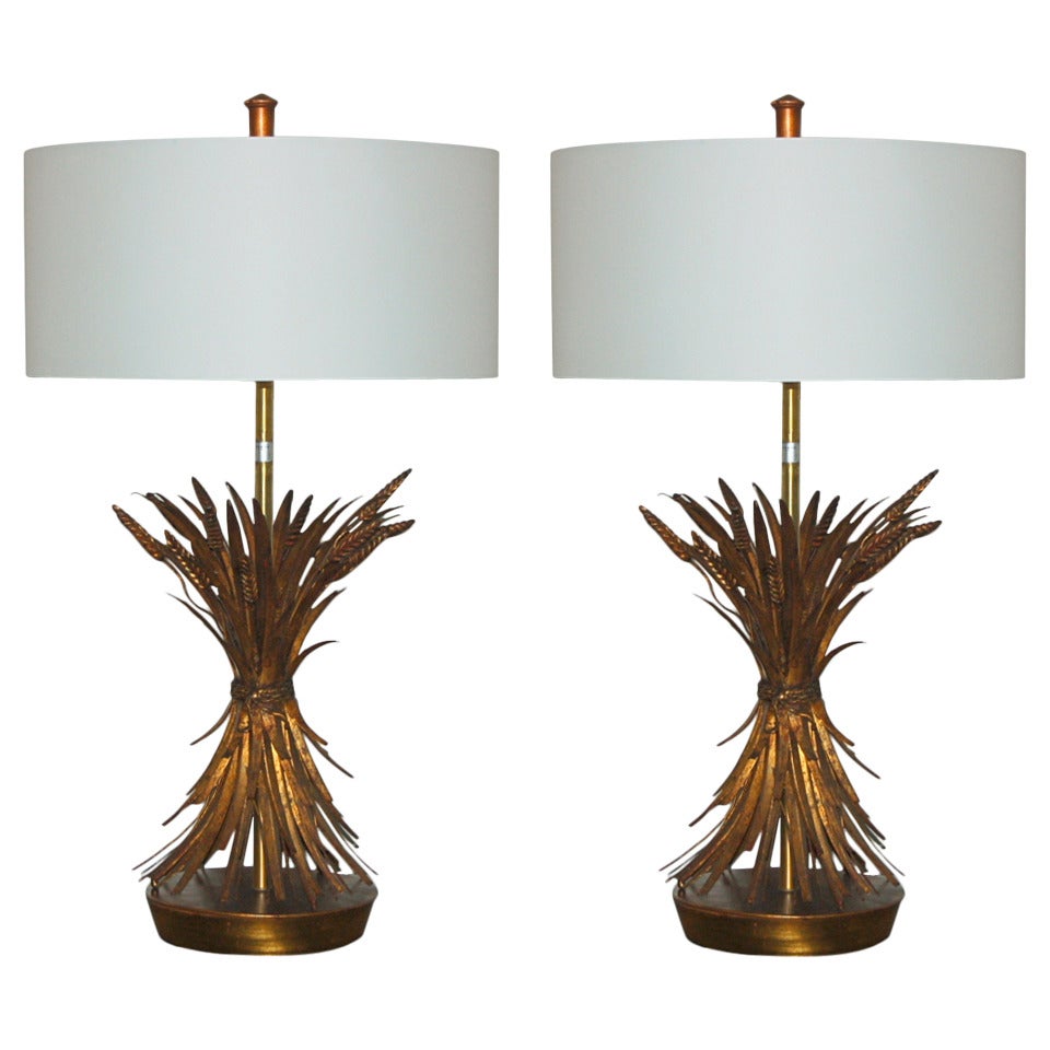Pair of Tole Wheat Sheaf Table Lamps by The Marbro Lamp Company