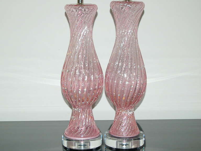 Italian Pair of Vintage Murano Lamps with Bubbles on Pink