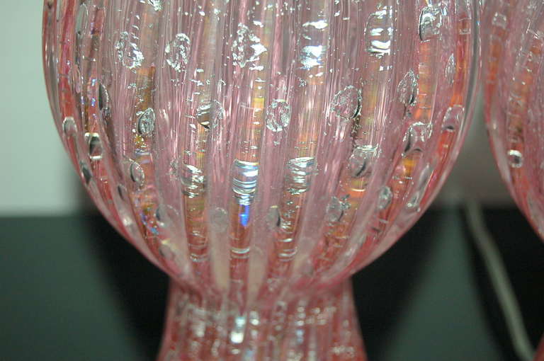 Mid-20th Century Pair of Vintage Murano Lamps with Bubbles on Pink