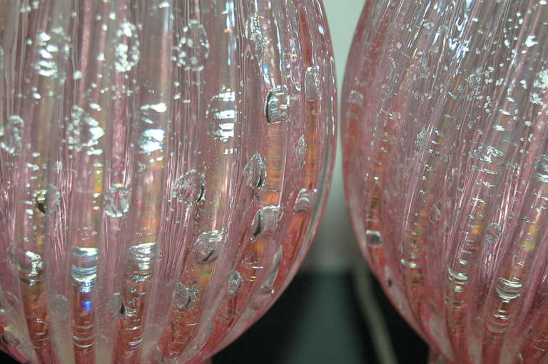 Lucite Pair of Vintage Murano Lamps with Bubbles on Pink