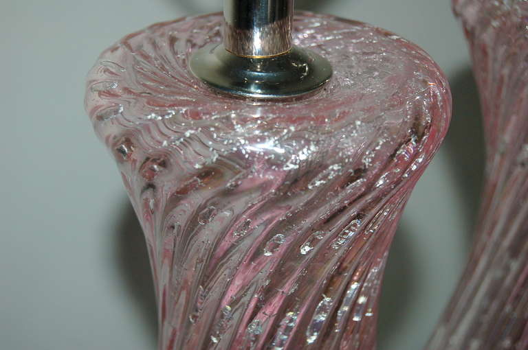 Pair of Vintage Murano Lamps with Bubbles on Pink 1