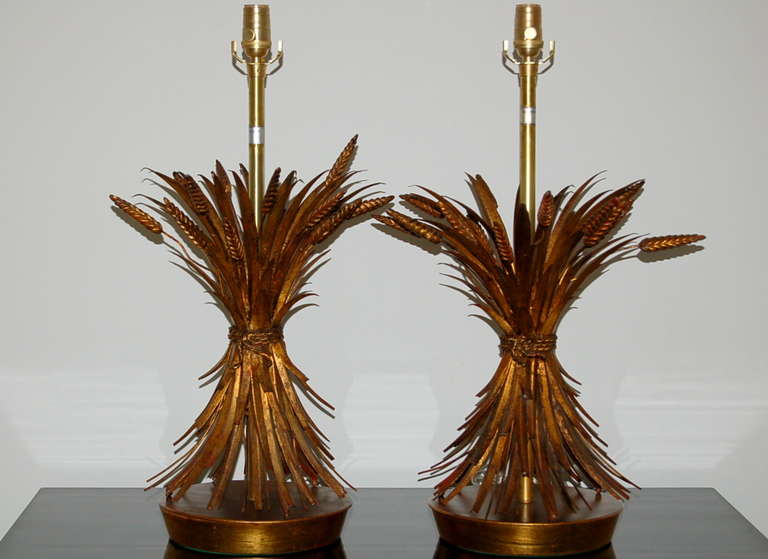 Mid-Century Modern Pair of Tole Wheat Sheaf Table Lamps by The Marbro Lamp Company