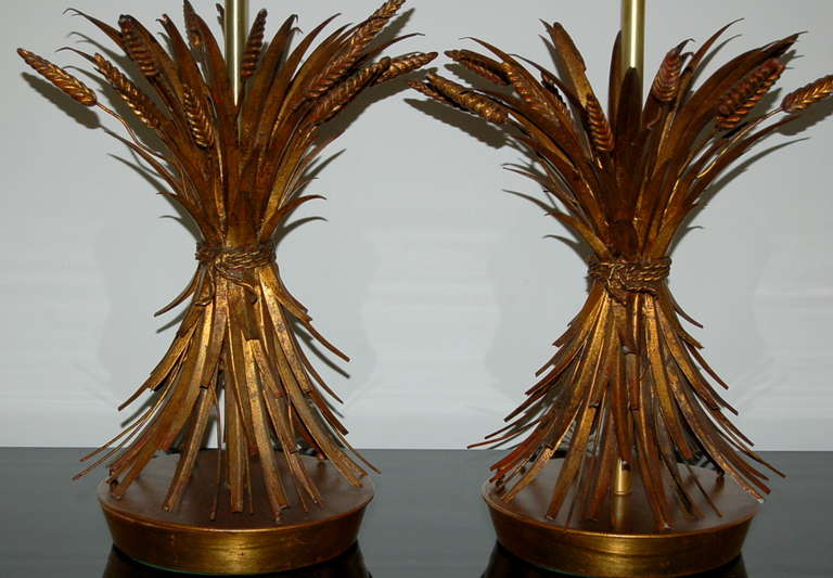 Italian Pair of Tole Wheat Sheaf Table Lamps by The Marbro Lamp Company