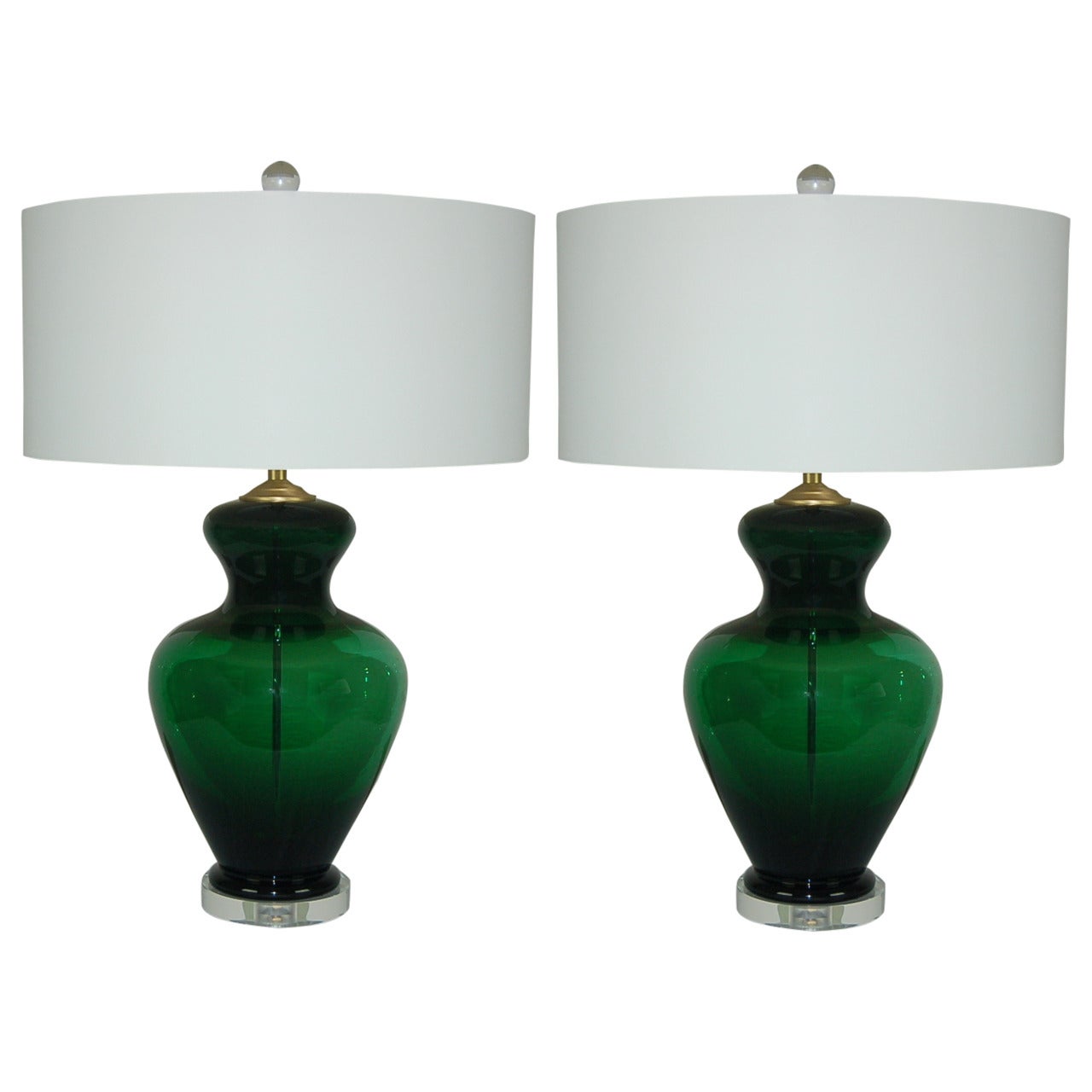 Matched Pair of Vintage Murano Lamps, Extra Chunky, in Emerald Green For Sale