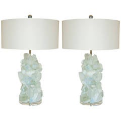 Retro Matched Pair of Rock Candy Lamps in White Opaline