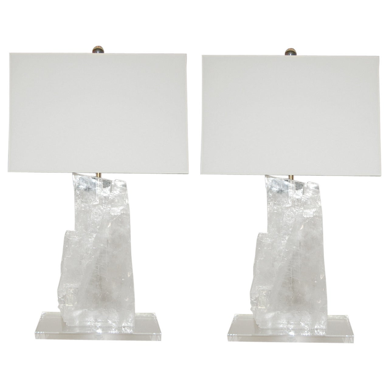 Matched Pair of Selenite Table Lamps on Lucite Plinth