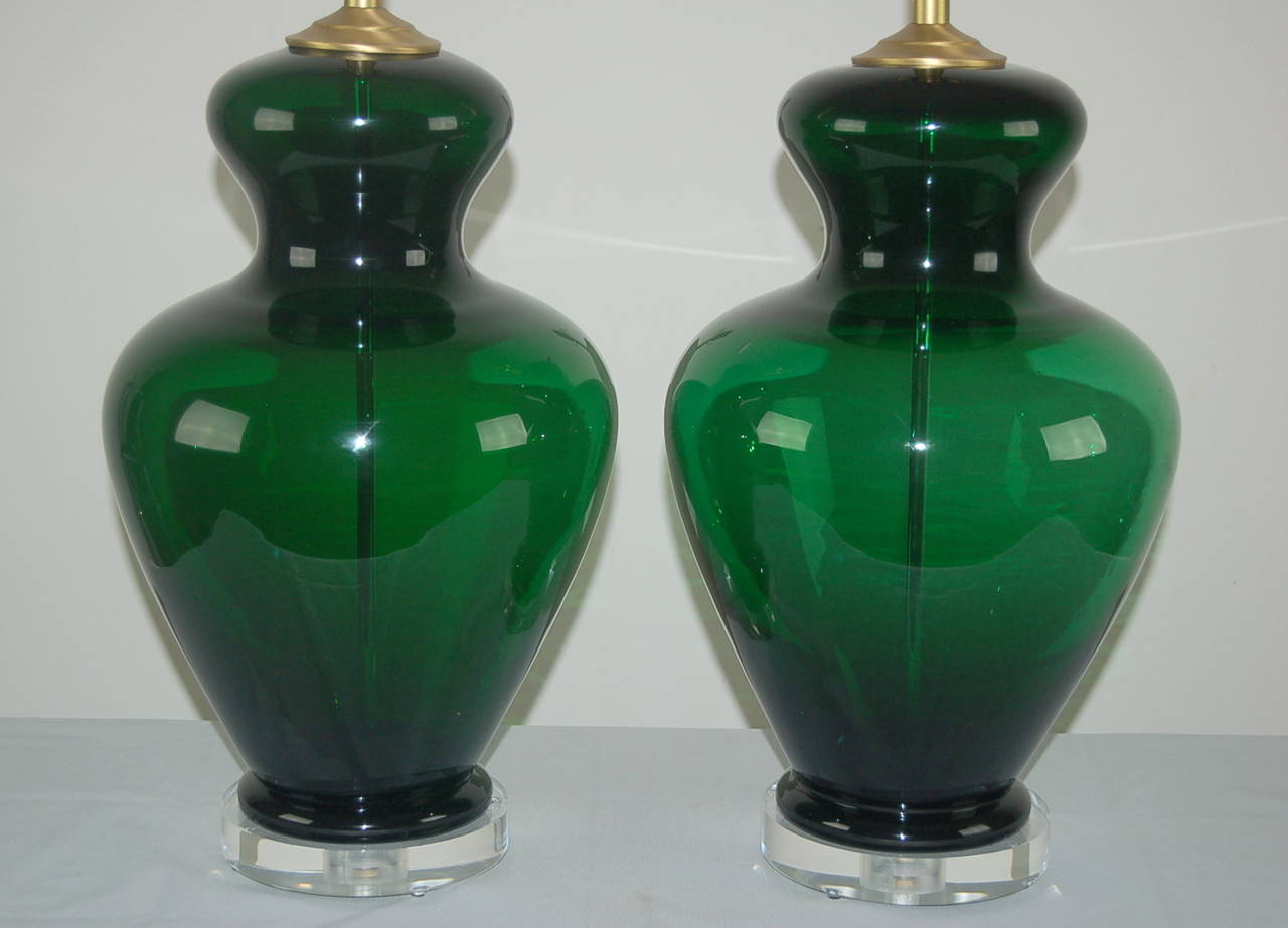 Italian Matched Pair of Vintage Murano Lamps, Extra Chunky, in Emerald Green For Sale