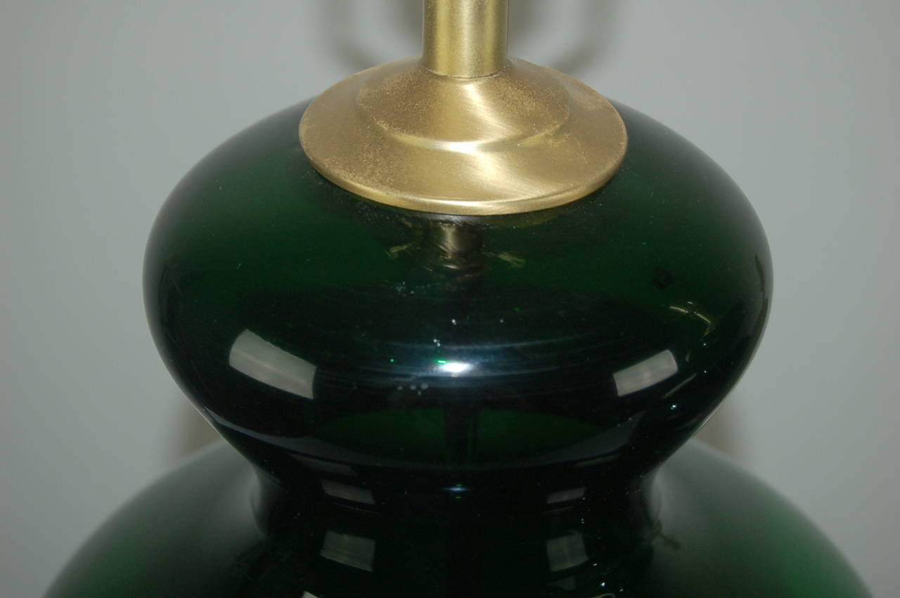 Brushed Matched Pair of Vintage Murano Lamps, Extra Chunky, in Emerald Green For Sale
