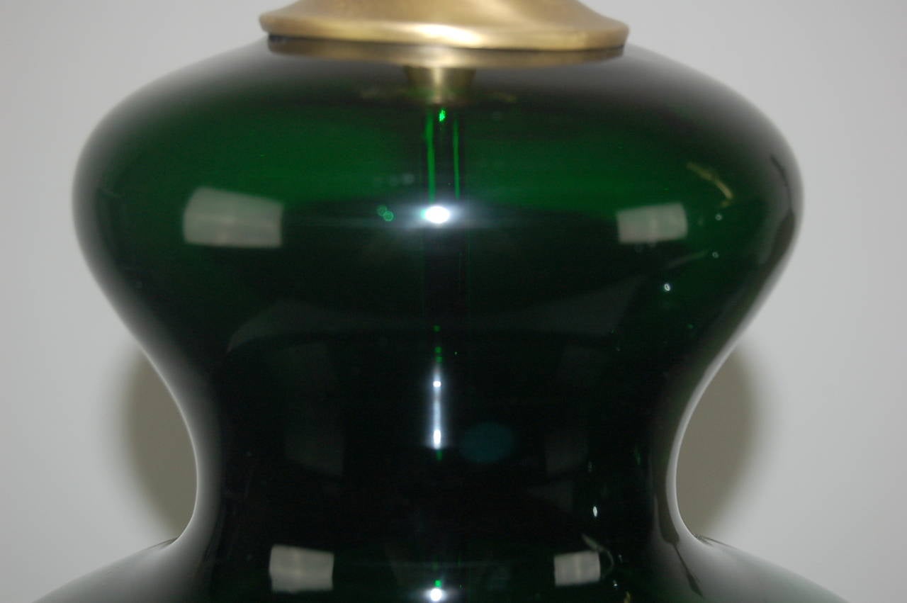 Mid-20th Century Matched Pair of Vintage Murano Lamps, Extra Chunky, in Emerald Green For Sale
