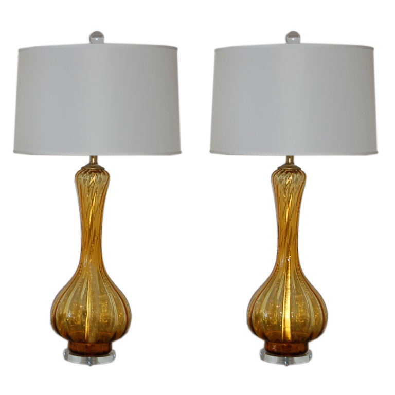 Matched Pair of Golden Honey Vintage Murano Lamps For Sale