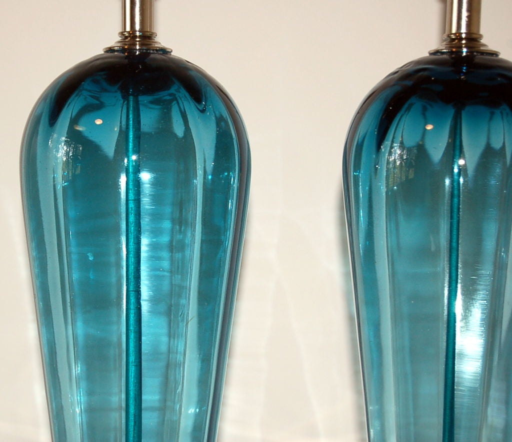 Matched Pair of Vintage Murano Table Lamps in Teal Blue In Excellent Condition For Sale In Little Rock, AR