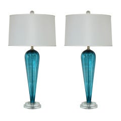 Matched Pair of Vintage Murano Table Lamps in Teal Blue