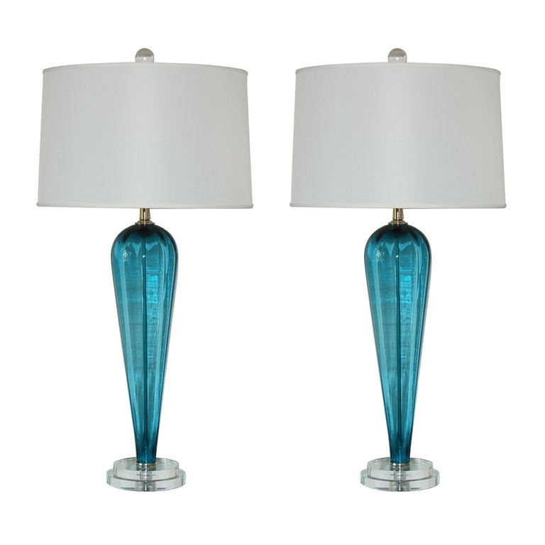 Matched Pair of Vintage Murano Table Lamps in Teal Blue For Sale