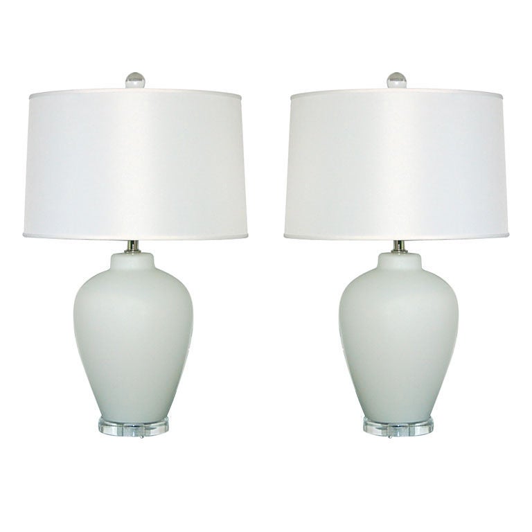 Vintage Murano Lamps in Satin White Finish on Lucite For Sale