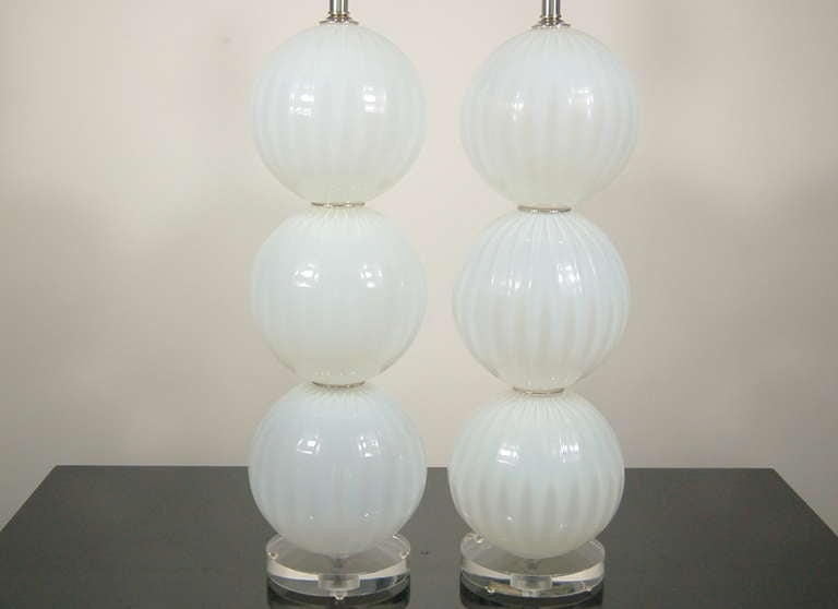 American White Opaline Three-Ball Glass Lamps by Joe Cariati For Sale
