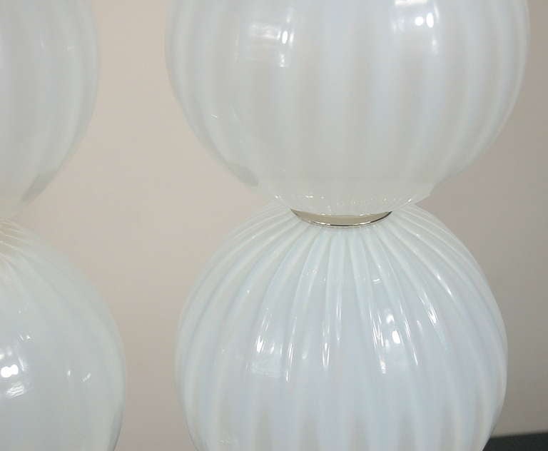 Lucite White Opaline Three-Ball Glass Lamps by Joe Cariati For Sale