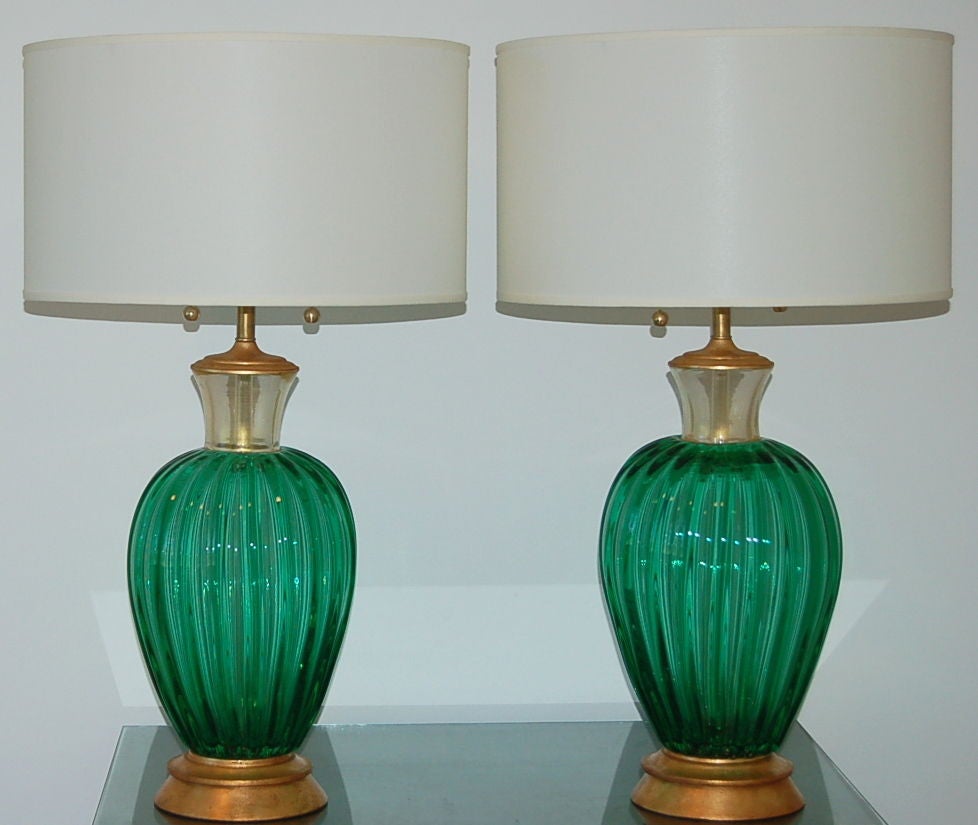 Hollywood Regency Green Seguso Vintage Murano Table Lamps For Sale