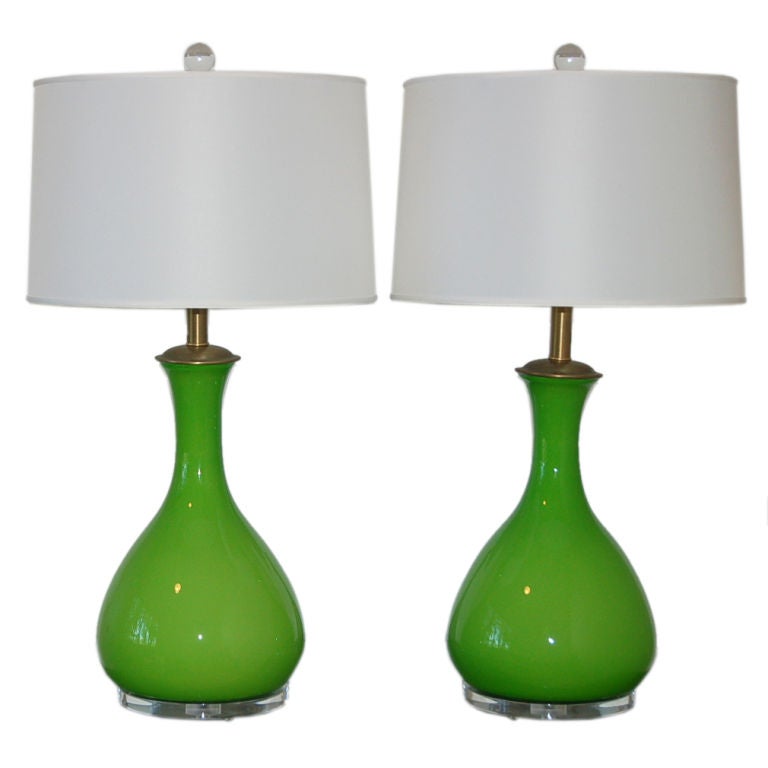 Pair of Vintage Murano Lamps of Apple Green by the Marbro Lamp Company For Sale
