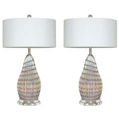 Pair of Vintage Murano Striped Opaline Lamps of Lavender Taupe