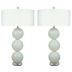 White Opaline Three-Ball Glass Lamps by Joe Cariati